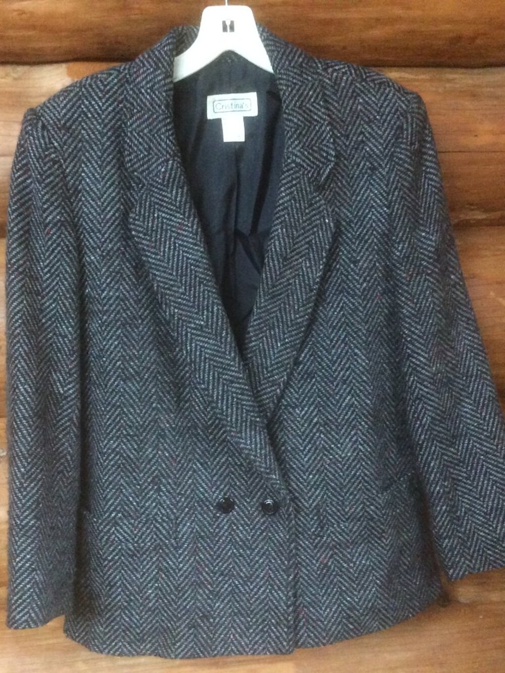 Vintage Cristinas Grey Classic Herringbone Wool Blend 80s Prep Blazer SZ 13/14